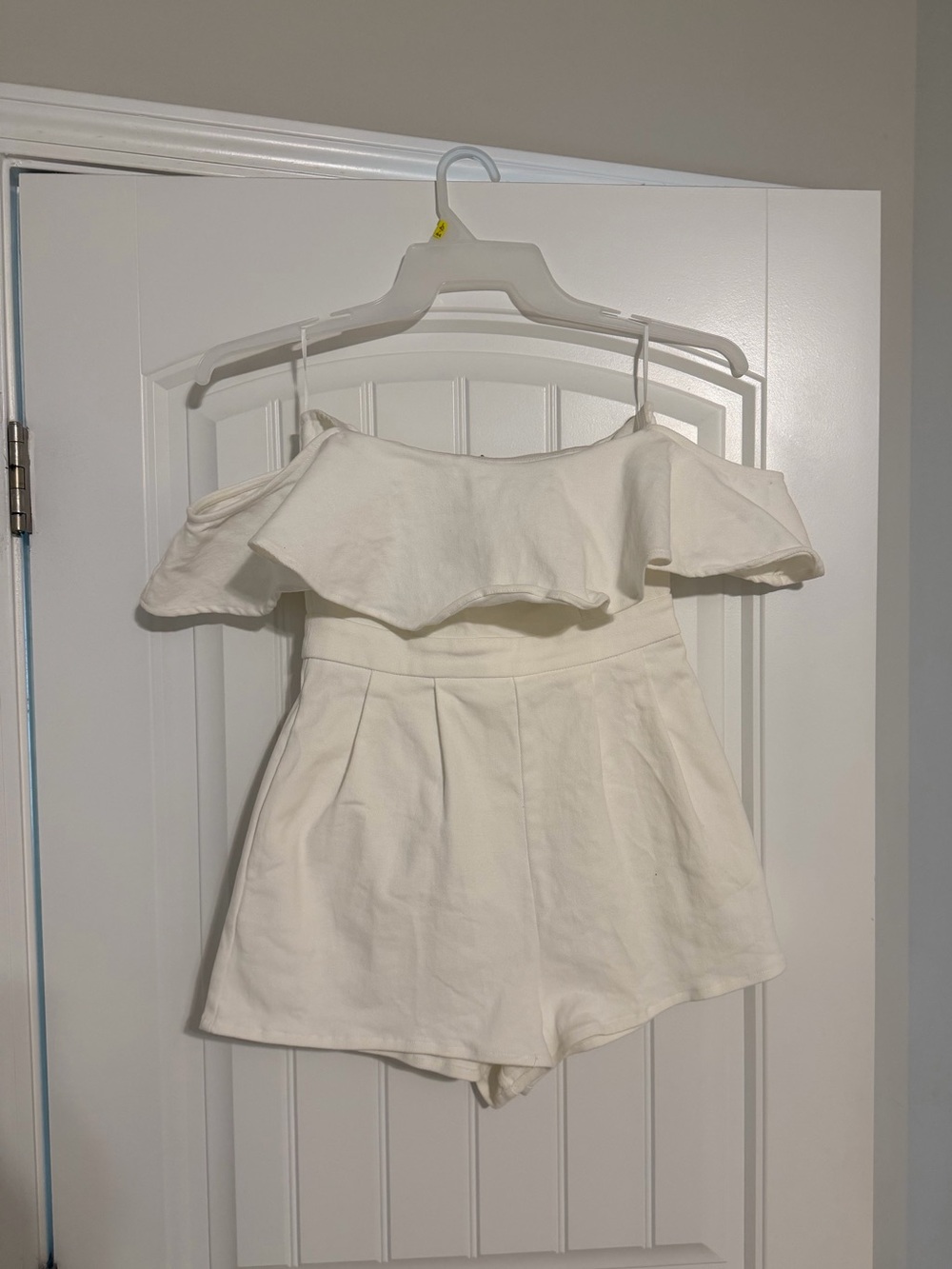 Off-Shoulder White Denim Ruffle Romper